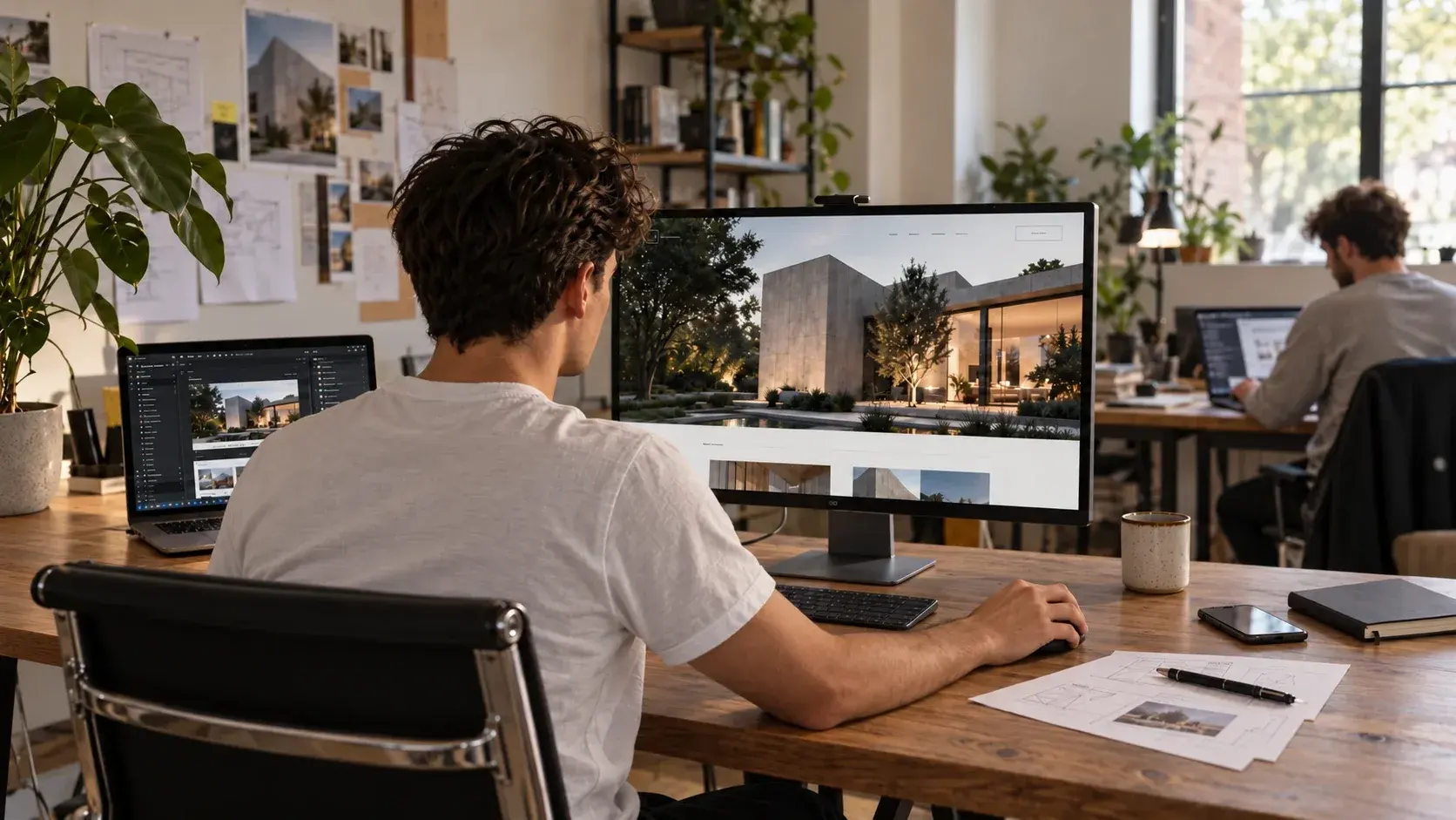 Arbeitsplatz mit großem Monitor, auf dem der Entwurf einer Website läuft.