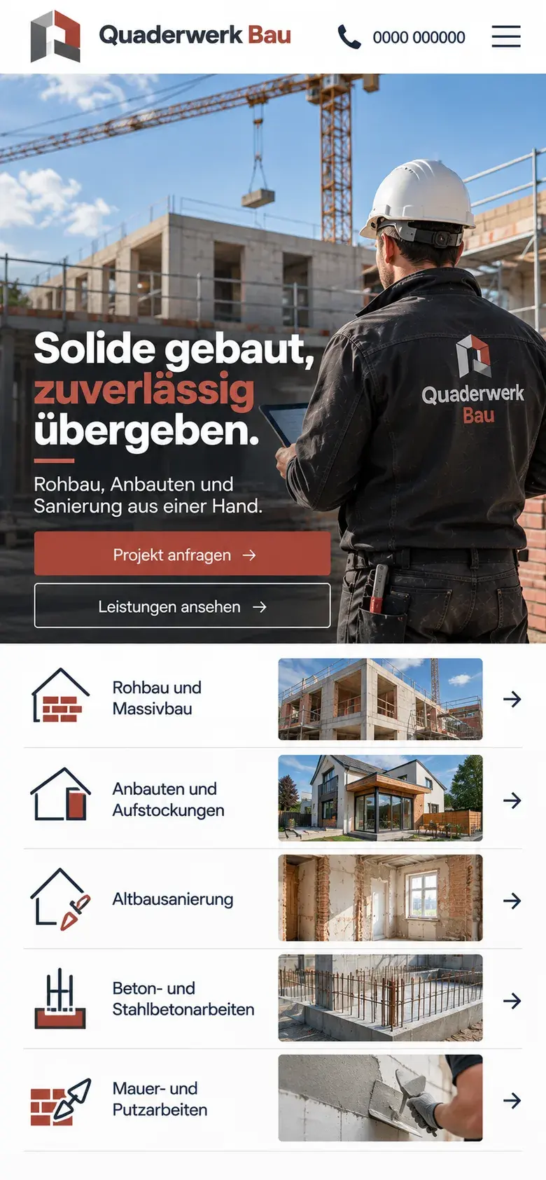 Konzeptentwurf Smartphone-Ansicht eines Bauunternehmens: Kopfzeile mit Logo und Menü, Foto einer Baustelle mit Kran und Bauleiter, Überschrift „Solide gebaut, zuverlässig übergeben.“, zwei Buttons und fünf Leistungen als Liste mit Bild.