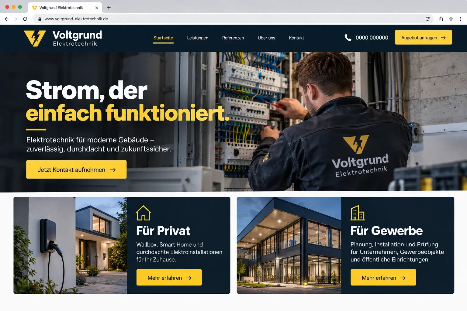 Konzeptentwurf Startseite eines Elektrobetriebs im Browserfenster: Foto eines Elektrikers am Verteiler, Überschrift „Strom, der einfach funktioniert.“ und zwei große Karten „Für Privat“ und „Für Gewerbe“.