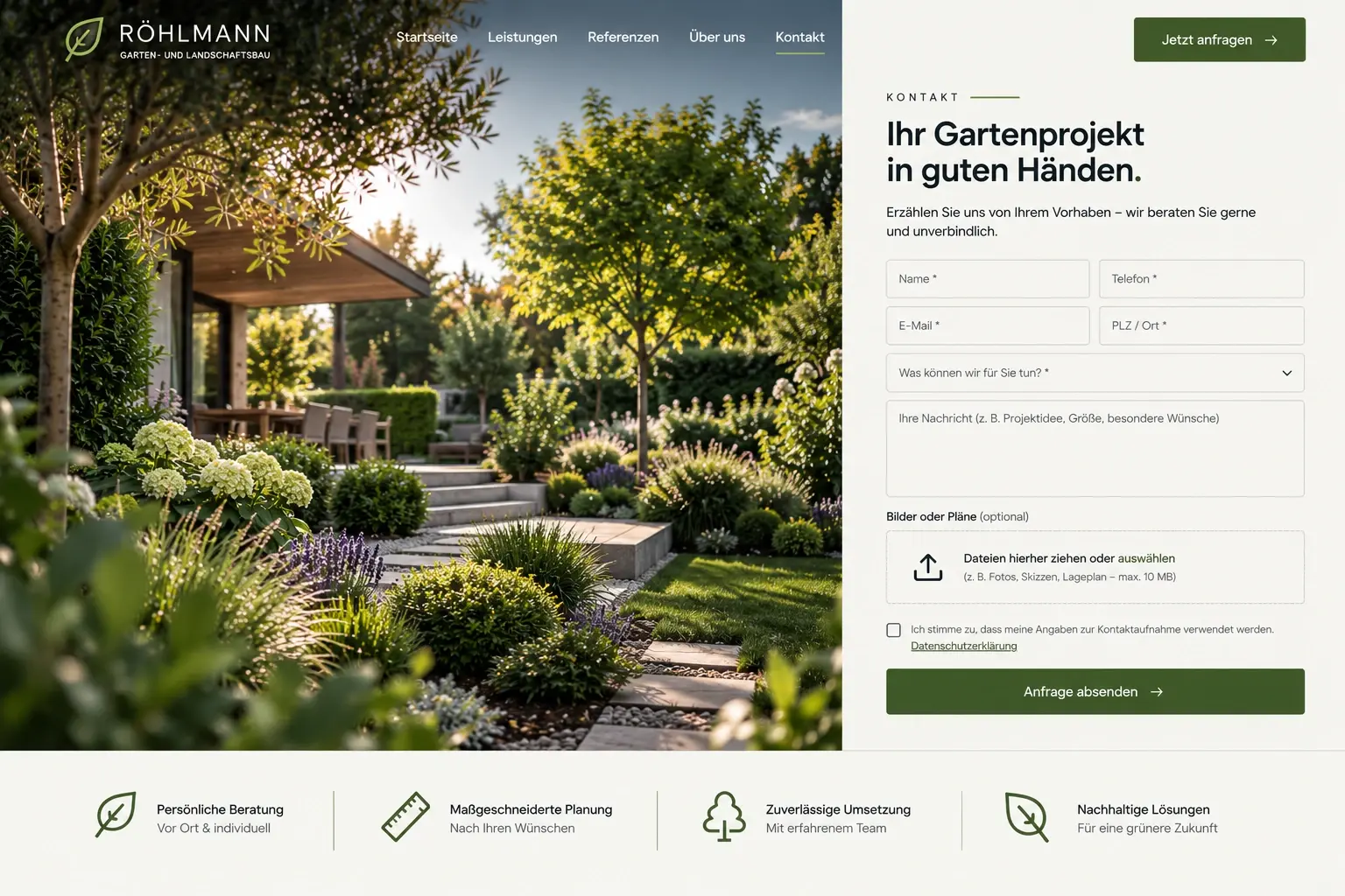 Konzeptentwurf Kontaktseite desselben Betriebs: links ein großes Gartenfoto, rechts ein kurzes Anfrageformular mit Datei-Upload, darunter vier Vorteile.