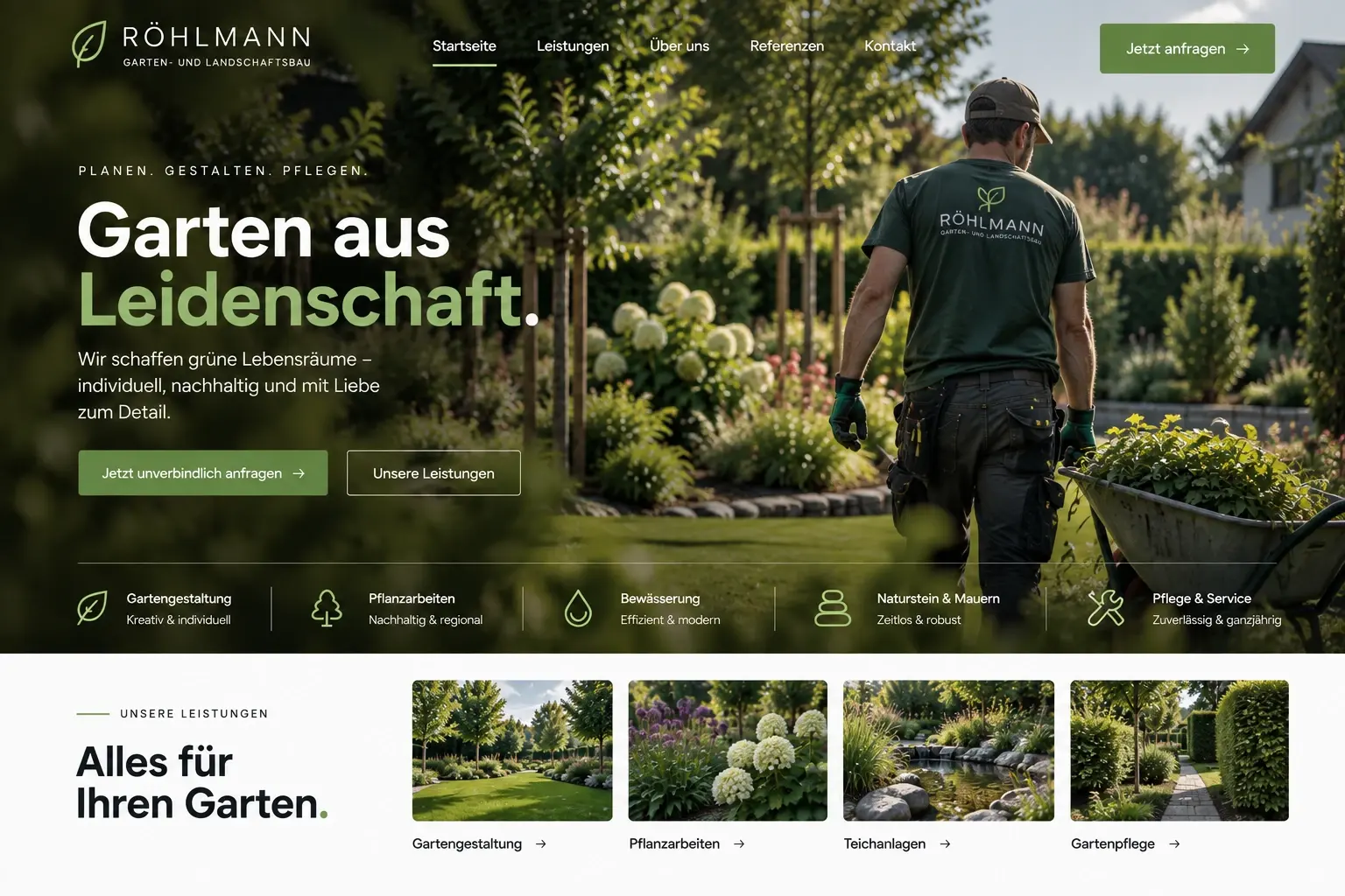 Konzeptentwurf Startseite eines Garten- und Landschaftsbaubetriebs: Foto eines Gärtners im Beet, Überschrift „Garten aus Leidenschaft“, zwei Buttons und fünf Leistungen.
