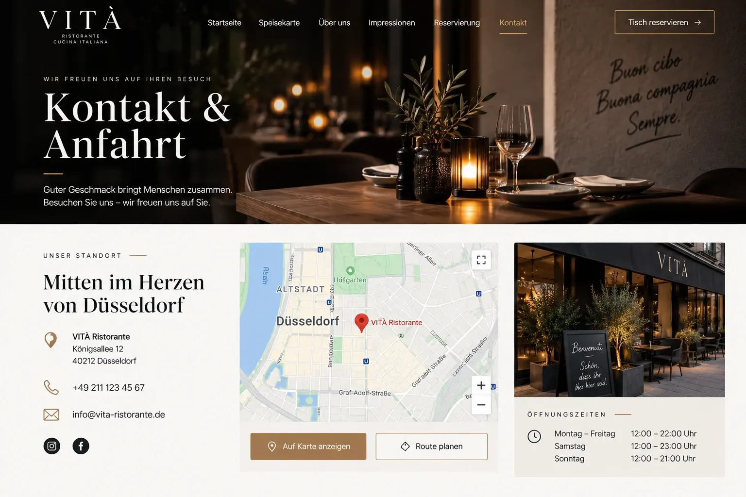 Konzeptentwurf Kontaktseite eines Restaurants: Adresse, Kartenansicht, Fassadenfoto und Öffnungszeiten.