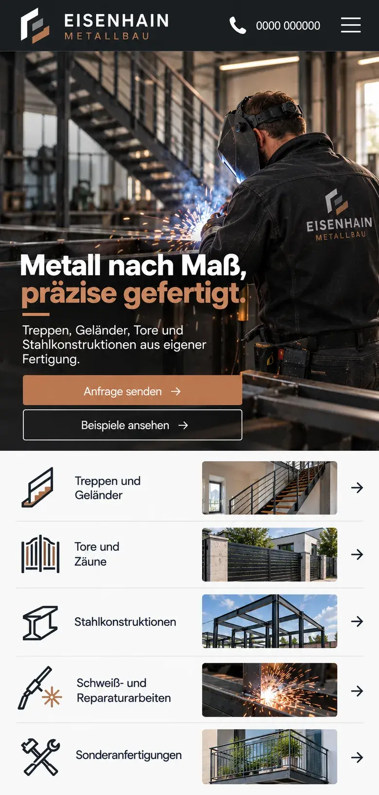 Konzeptentwurf Smartphone-Ansicht eines Metallbaubetriebs: Kopfzeile mit Logo und Menü, Foto eines Metallbauers beim Schweißen, Überschrift „Metall nach Maß, präzise gefertigt.“, zwei Buttons und fünf Leistungen als Liste mit Bild.