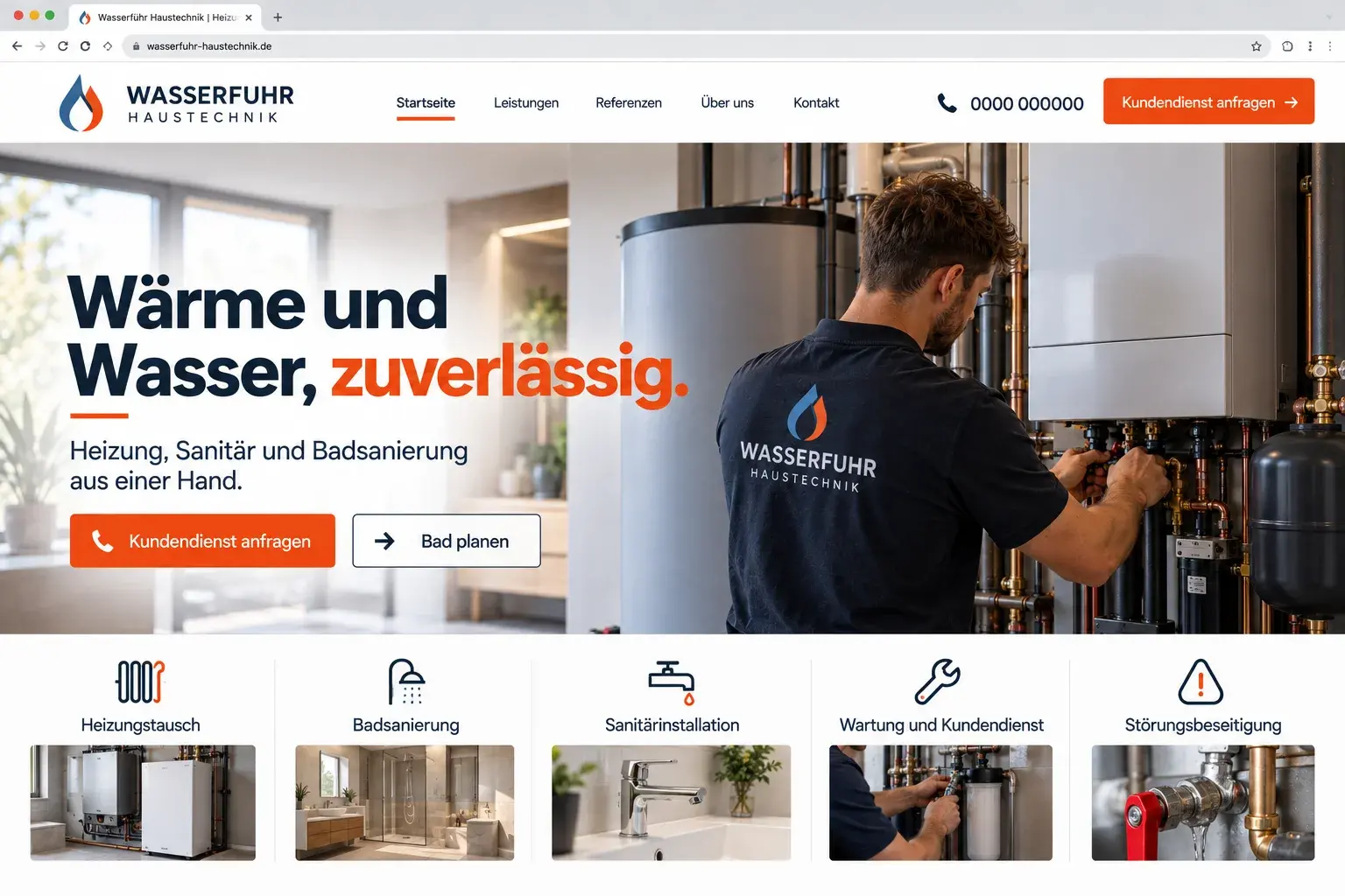 Konzeptentwurf Startseite eines Sanitär- und Heizungsbetriebs im Browserfenster: Foto eines Monteurs an einer Heizungsanlage, Überschrift „Wärme und Wasser, zuverlässig.“, zwei Buttons und fünf Leistungen von Heizungstausch bis Störungsbeseitigung.