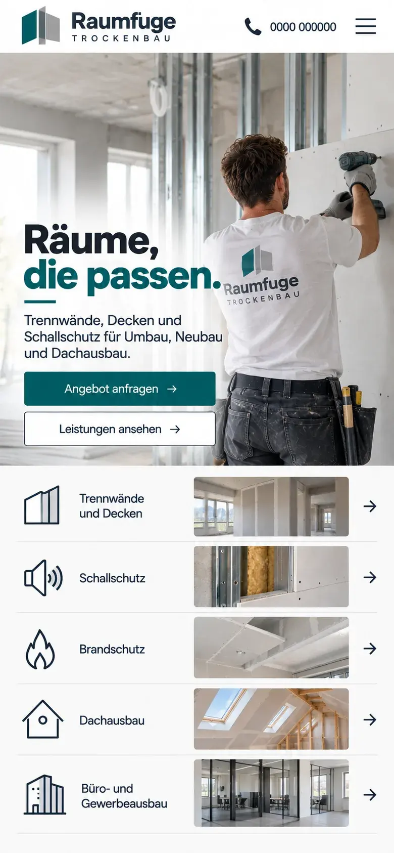 Konzeptentwurf Smartphone-Ansicht eines Trockenbaubetriebs: Kopfzeile mit Logo und Menü, Foto eines Trockenbauers an einer Wand, Überschrift „Räume, die passen.“, zwei Buttons und fünf Leistungen als Liste mit Bild.