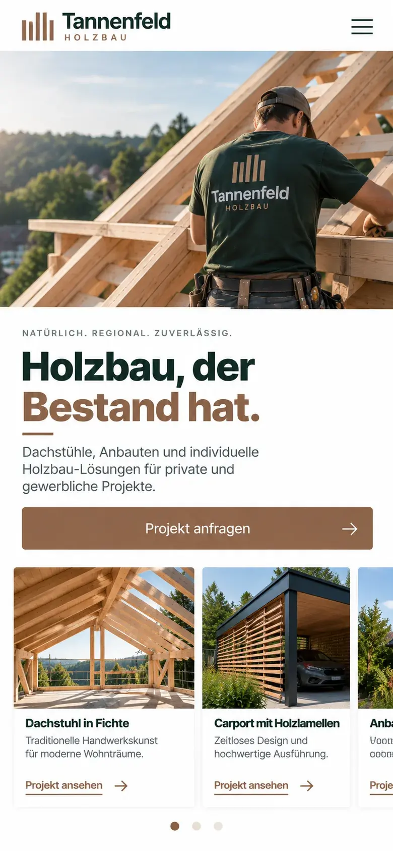Konzeptentwurf Smartphone-Ansicht eines Zimmerei- und Holzbaubetriebs: Foto eines Zimmerers am Dachstuhl, Überschrift „Holzbau, der Bestand hat.“, Button „Projekt anfragen“ und wischbare Projektkarten.