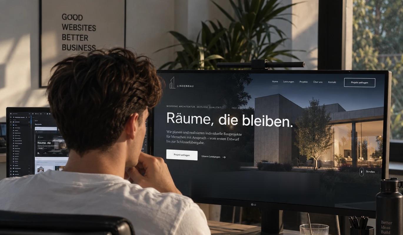 Ein Teammitglied sitzt vor einem großen Monitor und arbeitet an einem Website-Design.