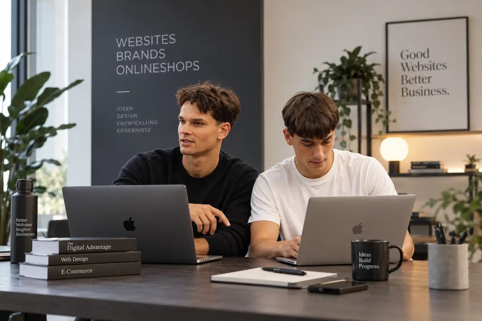 Tom und Ruben arbeiten nebeneinander an ihren Laptops im Büro.