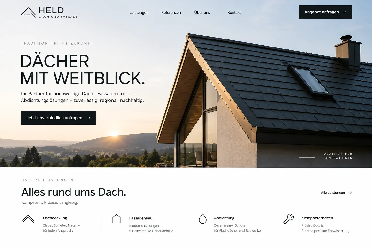 Nachher: modernisierte Website desselben Betriebs mit großem Bild, klarer Aussage, ruhiger Typografie und deutlichem Anfrage-Button.