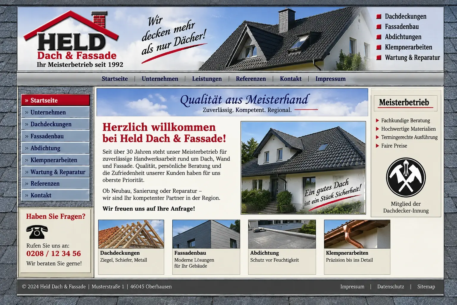 Vorher: veraltete Website eines Dachdeckerbetriebs mit Verlaufsflächen, vielen Menüpunkten und unruhigem Layout.