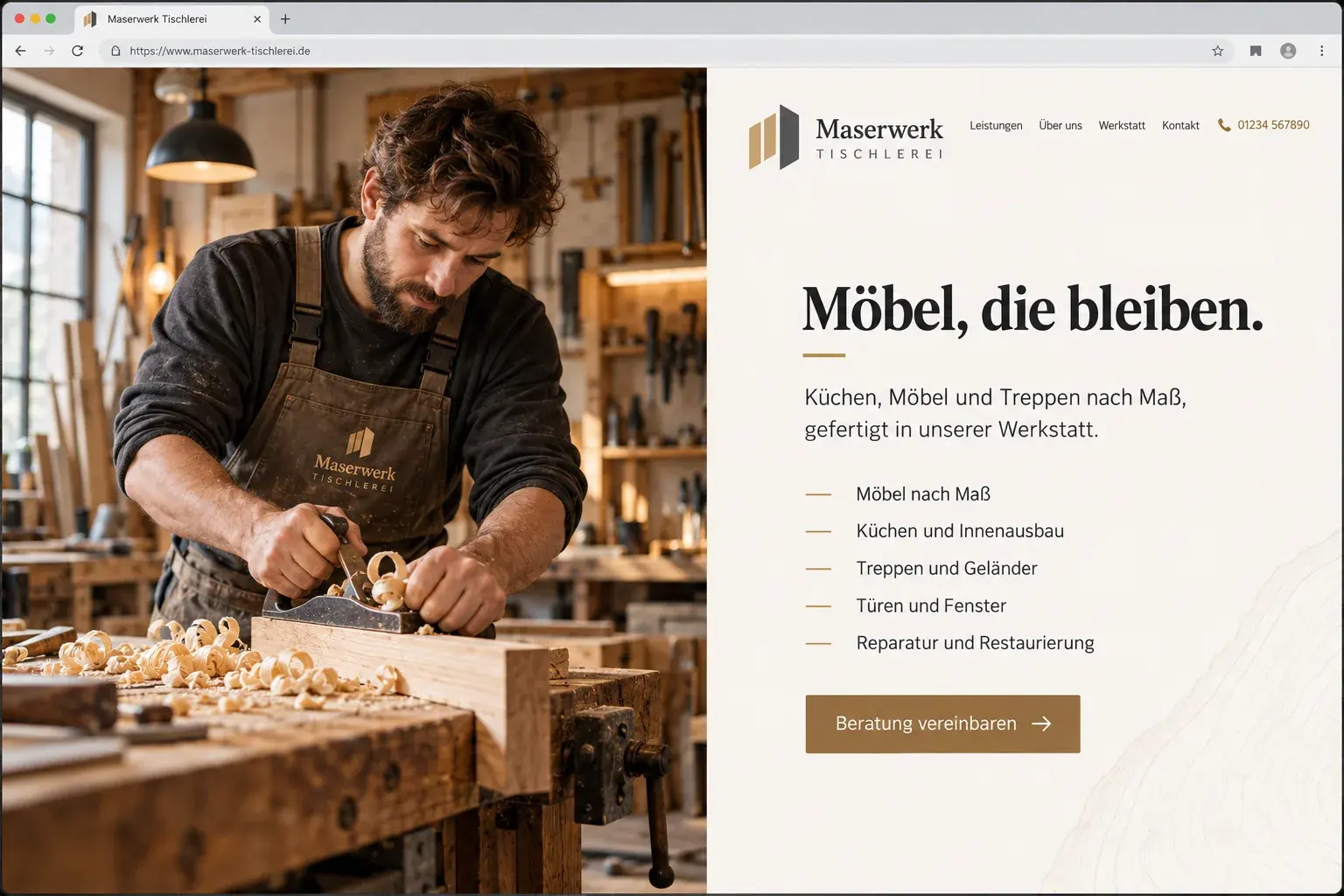 Konzeptentwurf Startseite einer Tischlerei im Browserfenster: links ein Foto eines Tischlers an der Hobelbank, rechts die Überschrift „Möbel, die bleiben.“, eine Liste der Leistungen und ein Button.