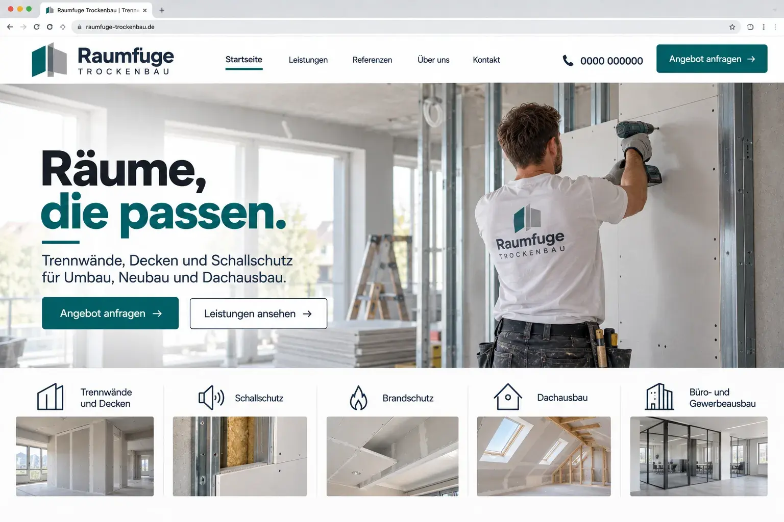 Konzeptentwurf Startseite eines Trockenbaubetriebs im Browserfenster: Foto eines Trockenbauers bei der Montage einer Gipskartonwand, Überschrift „Räume, die passen.“, zwei Buttons und fünf Leistungen von Trennwänden bis Büro- und Gewerbeausbau.